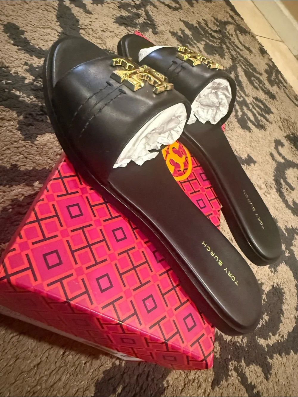 Tory Burch Black Leather Slide Sandals with Gold Logo